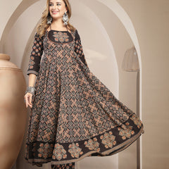 Gulmohar Jaipur Cotton Calf Length Printed 3/4 Sleeve Round Neck Flared Kurta Suit Set