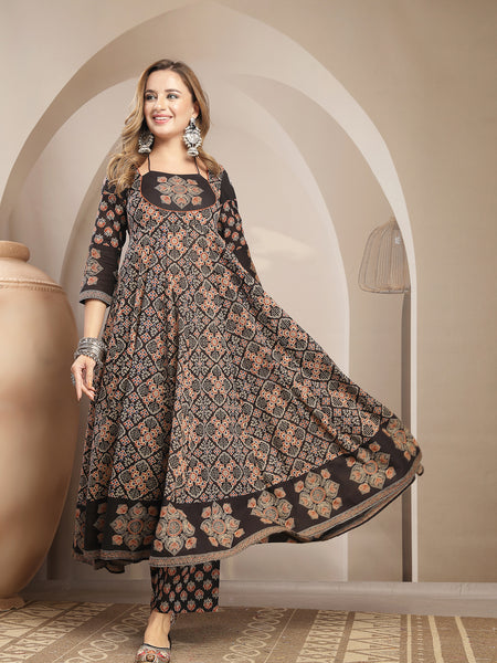 Gulmohar Jaipur Cotton Calf Length Printed 3/4 Sleeve Round Neck Flared Kurta Suit Set