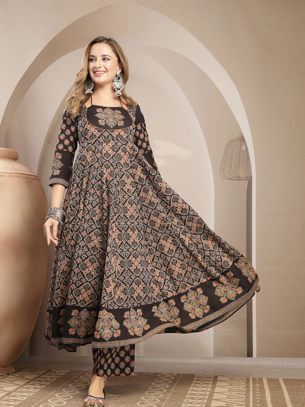 Gulmohar Jaipur Cotton Calf Length Printed 3/4 Sleeve Round Neck Flared Kurta Suit Set