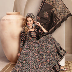Gulmohar Jaipur Cotton Calf Length Printed 3/4 Sleeve Round Neck Flared Kurta Suit Set