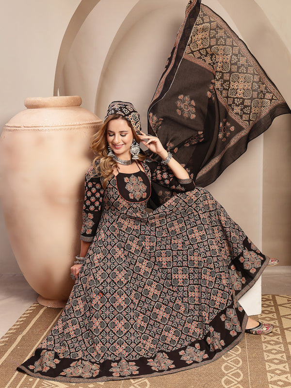 Gulmohar Jaipur Cotton Calf Length Printed 3/4 Sleeve Round Neck Flared Kurta Suit Set