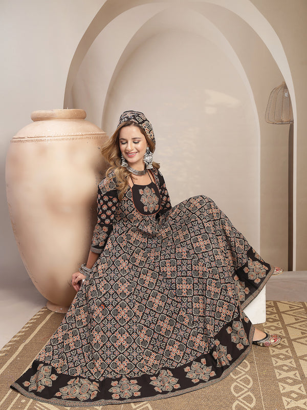 Gulmohar Jaipur Cotton Calf Length Printed 3/4 Sleeve Round Neck Flared Kurta Suit Set