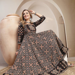 Gulmohar Jaipur Cotton Calf Length Printed 3/4 Sleeve Round Neck Flared Kurta Suit Set