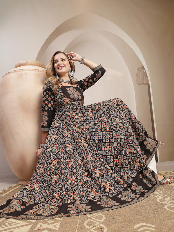Gulmohar Jaipur Cotton Calf Length Printed 3/4 Sleeve Round Neck Flared Kurta Suit Set