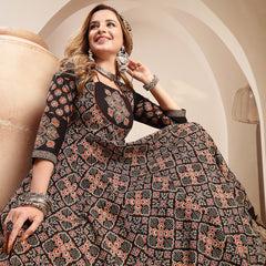Gulmohar Jaipur Cotton Calf Length Printed 3/4 Sleeve Round Neck Flared Kurta Suit Set
