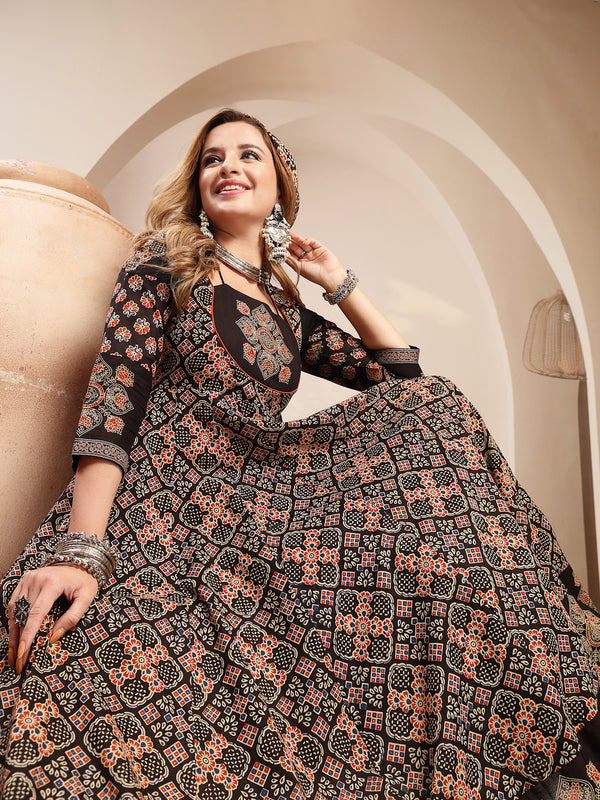 Gulmohar Jaipur Cotton Calf Length Printed 3/4 Sleeve Round Neck Flared Kurta Suit Set