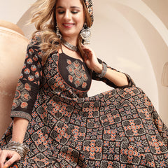 Gulmohar Jaipur Cotton Calf Length Printed 3/4 Sleeve Round Neck Flared Kurta Suit Set