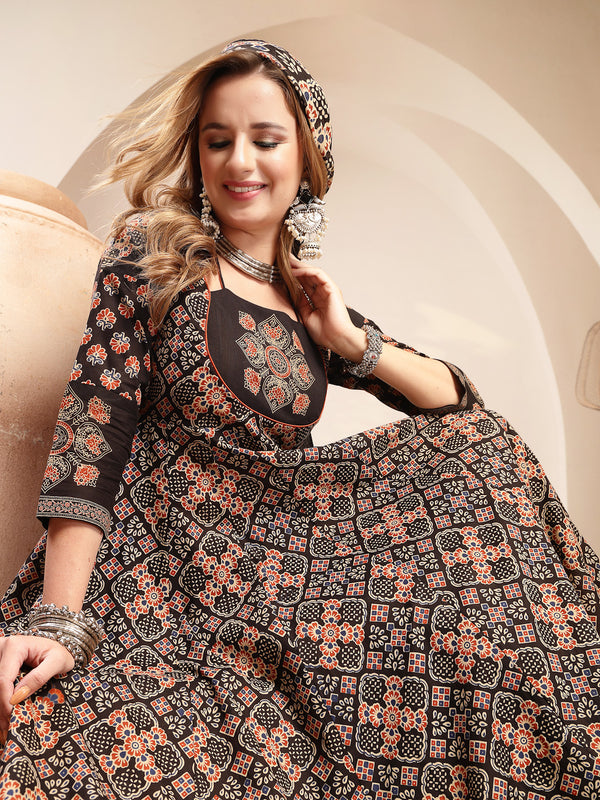 Gulmohar Jaipur Cotton Calf Length Printed 3/4 Sleeve Round Neck Flared Kurta Suit Set
