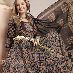 Gulmohar Jaipur Cotton Calf Length Printed 3/4 Sleeve Round Neck Flared Kurta Suit Set