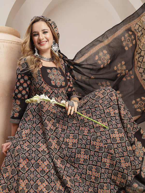 Gulmohar Jaipur Cotton Calf Length Printed 3/4 Sleeve Round Neck Flared Kurta Suit Set