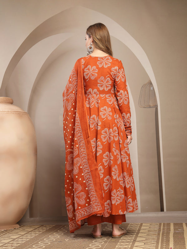 Gulmohar Jaipur Cotton Calf Length Printed 3/4 Sleeve V-Neck Flared Kurta Suit Set