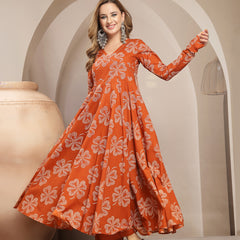 Gulmohar Jaipur Cotton Calf Length Printed 3/4 Sleeve V-Neck Flared Kurta Suit Set