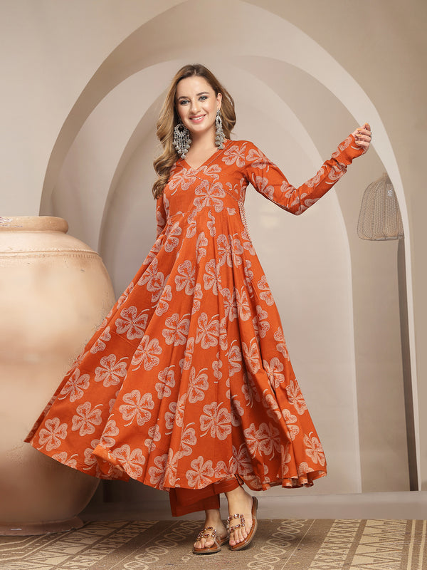 Gulmohar Jaipur Cotton Calf Length Printed 3/4 Sleeve V-Neck Flared Kurta Suit Set
