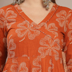 Gulmohar Jaipur Cotton Calf Length Printed 3/4 Sleeve V-Neck Flared Kurta Suit Set