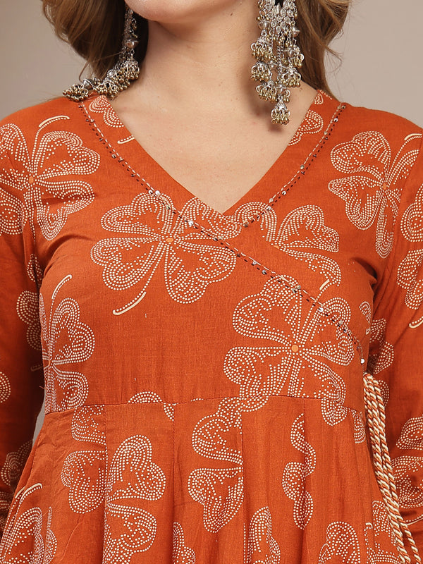 Gulmohar Jaipur Cotton Calf Length Printed 3/4 Sleeve V-Neck Flared Kurta Suit Set