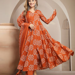 Gulmohar Jaipur Cotton Calf Length Printed 3/4 Sleeve V-Neck Flared Kurta Suit Set