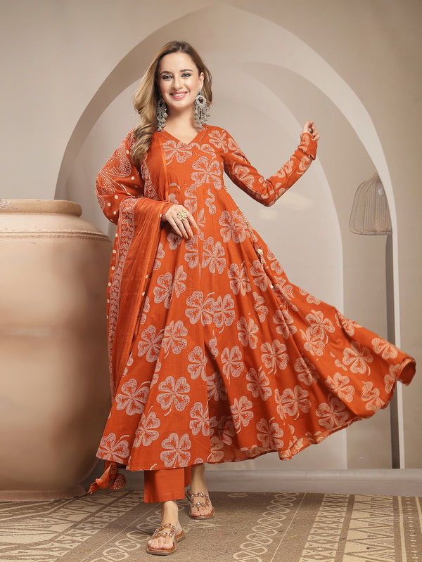Gulmohar Jaipur Cotton Calf Length Printed 3/4 Sleeve V-Neck Flared Kurta Suit Set