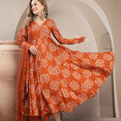 Gulmohar Jaipur Cotton Calf Length Printed 3/4 Sleeve V-Neck Flared Kurta Suit Set