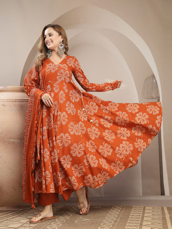 Gulmohar Jaipur Cotton Calf Length Printed 3/4 Sleeve V-Neck Flared Kurta Suit Set