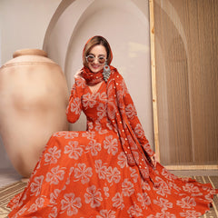 Gulmohar Jaipur Cotton Calf Length Printed 3/4 Sleeve V-Neck Flared Kurta Suit Set