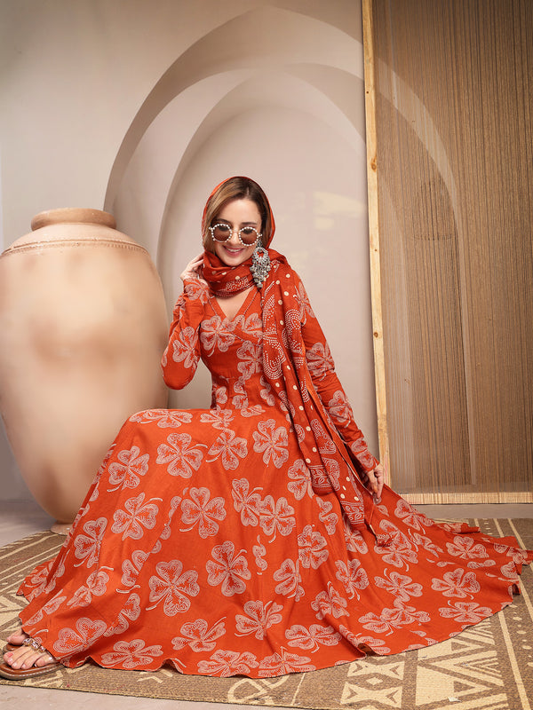 Gulmohar Jaipur Cotton Calf Length Printed 3/4 Sleeve V-Neck Flared Kurta Suit Set