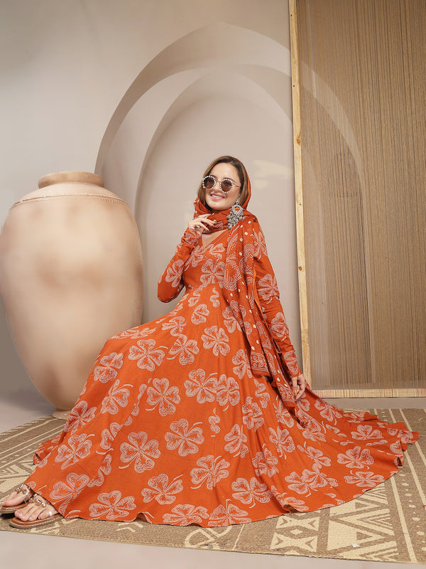 Gulmohar Jaipur Cotton Calf Length Printed 3/4 Sleeve V-Neck Flared Kurta Suit Set