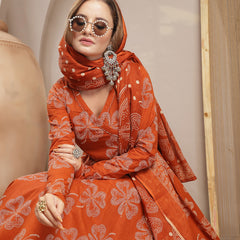 Gulmohar Jaipur Cotton Calf Length Printed 3/4 Sleeve V-Neck Flared Kurta Suit Set