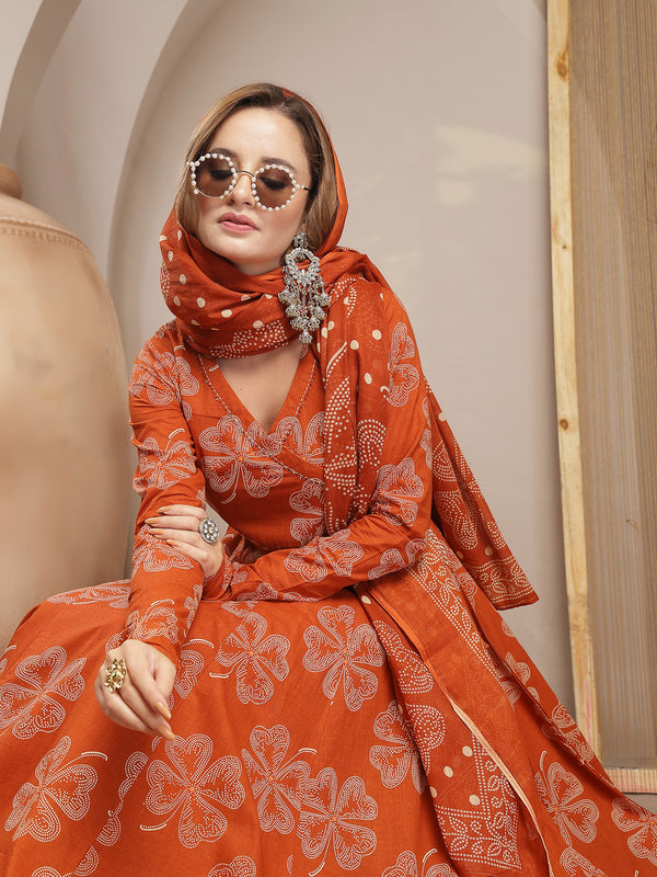 Gulmohar Jaipur Cotton Calf Length Printed 3/4 Sleeve V-Neck Flared Kurta Suit Set