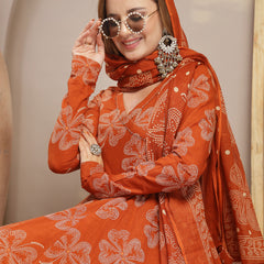 Gulmohar Jaipur Cotton Calf Length Printed 3/4 Sleeve V-Neck Flared Kurta Suit Set