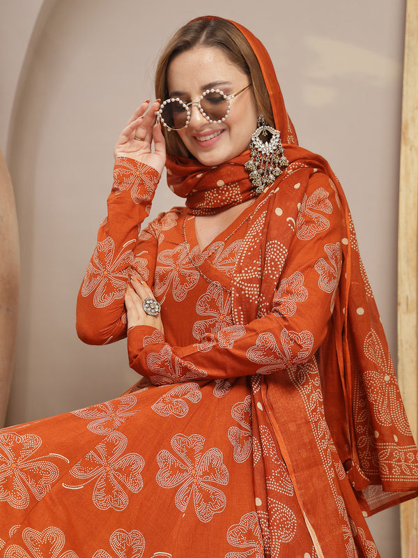 Gulmohar Jaipur Cotton Calf Length Printed 3/4 Sleeve V-Neck Flared Kurta Suit Set