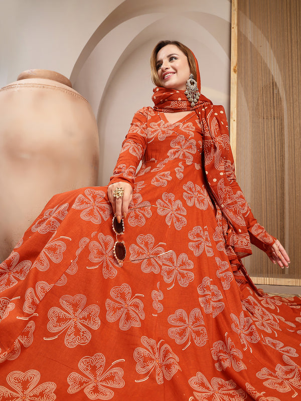 Gulmohar Jaipur Cotton Calf Length Printed 3/4 Sleeve V-Neck Flared Kurta Suit Set
