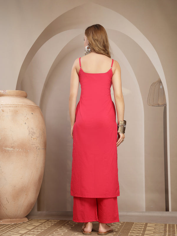 Gulmohar Jaipur Rayon Calf Length Solid Sleeveless Strappy Straight Kurta Suit Set