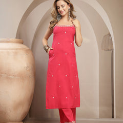 Gulmohar Jaipur Rayon Calf Length Solid Sleeveless Strappy Straight Kurta Suit Set