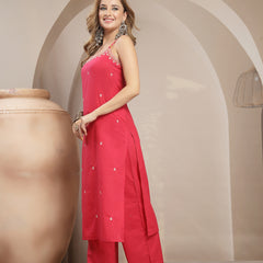 Gulmohar Jaipur Rayon Calf Length Solid Sleeveless Strappy Straight Kurta Suit Set