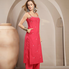 Gulmohar Jaipur Rayon Calf Length Solid Sleeveless Strappy Straight Kurta Suit Set
