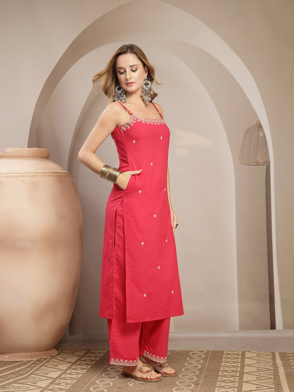 Gulmohar Jaipur Rayon Calf Length Solid Sleeveless Strappy Straight Kurta Suit Set