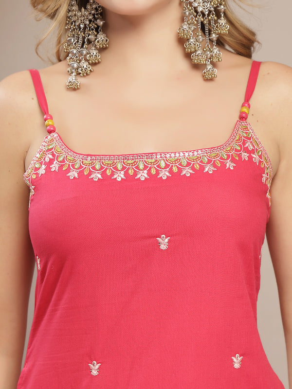 Gulmohar Jaipur Rayon Calf Length Solid Sleeveless Strappy Straight Kurta Suit Set