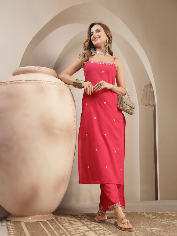 Gulmohar Jaipur Rayon Calf Length Solid Sleeveless Strappy Straight Kurta Suit Set