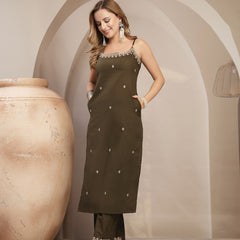Gulmohar Jaipur Rayon Calf Length Solid Sleeveless Strappy Straight Kurta Suit Set