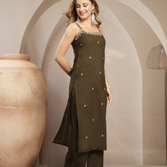 Gulmohar Jaipur Rayon Calf Length Solid Sleeveless Strappy Straight Kurta Suit Set