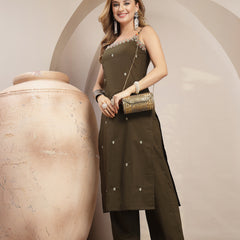 Gulmohar Jaipur Rayon Calf Length Solid Sleeveless Strappy Straight Kurta Suit Set