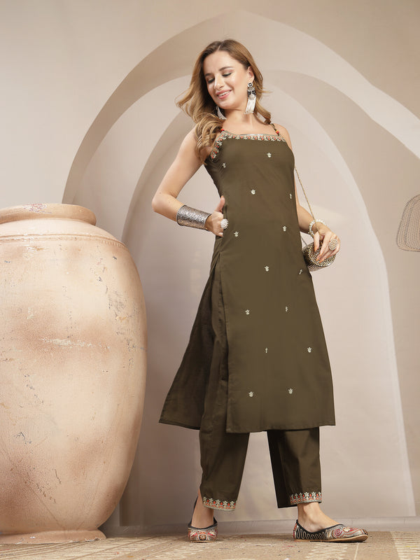 Gulmohar Jaipur Rayon Calf Length Solid Sleeveless Strappy Straight Kurta Suit Set