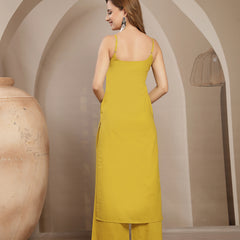 Gulmohar Jaipur Rayon Calf Length Solid Sleeveless Strappy Straight Kurta Suit Set