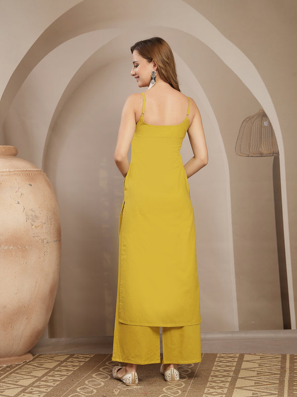 Gulmohar Jaipur Rayon Calf Length Solid Sleeveless Strappy Straight Kurta Suit Set