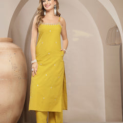 Gulmohar Jaipur Rayon Calf Length Solid Sleeveless Strappy Straight Kurta Suit Set