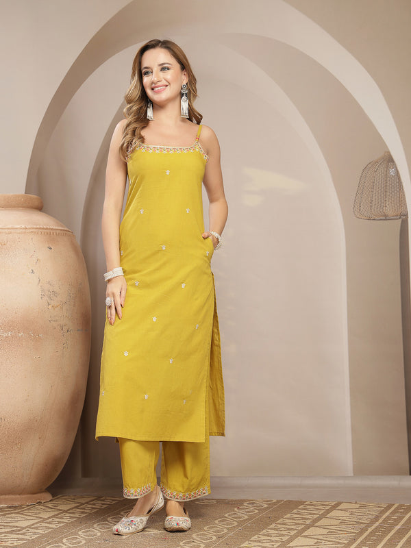 Gulmohar Jaipur Rayon Calf Length Solid Sleeveless Strappy Straight Kurta Suit Set