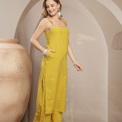 Gulmohar Jaipur Rayon Calf Length Solid Sleeveless Strappy Straight Kurta Suit Set