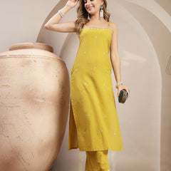 Gulmohar Jaipur Rayon Calf Length Solid Sleeveless Strappy Straight Kurta Suit Set