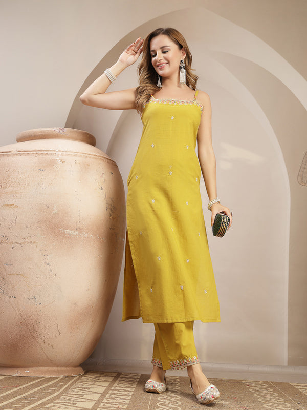 Gulmohar Jaipur Rayon Calf Length Solid Sleeveless Strappy Straight Kurta Suit Set