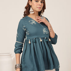 Rayon Hip Length Printed 3/4 Sleeve V-Neck Flared Top